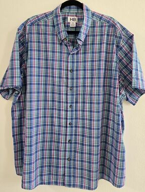 HB Men's Blue Plaid Short-Sleeve Button-Up Shirt Size 2XL